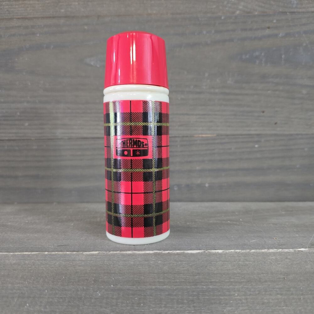 AVON VINTAGE Empty Glass AFTER SHAVE Bottle PLAID THERMOS With Lid